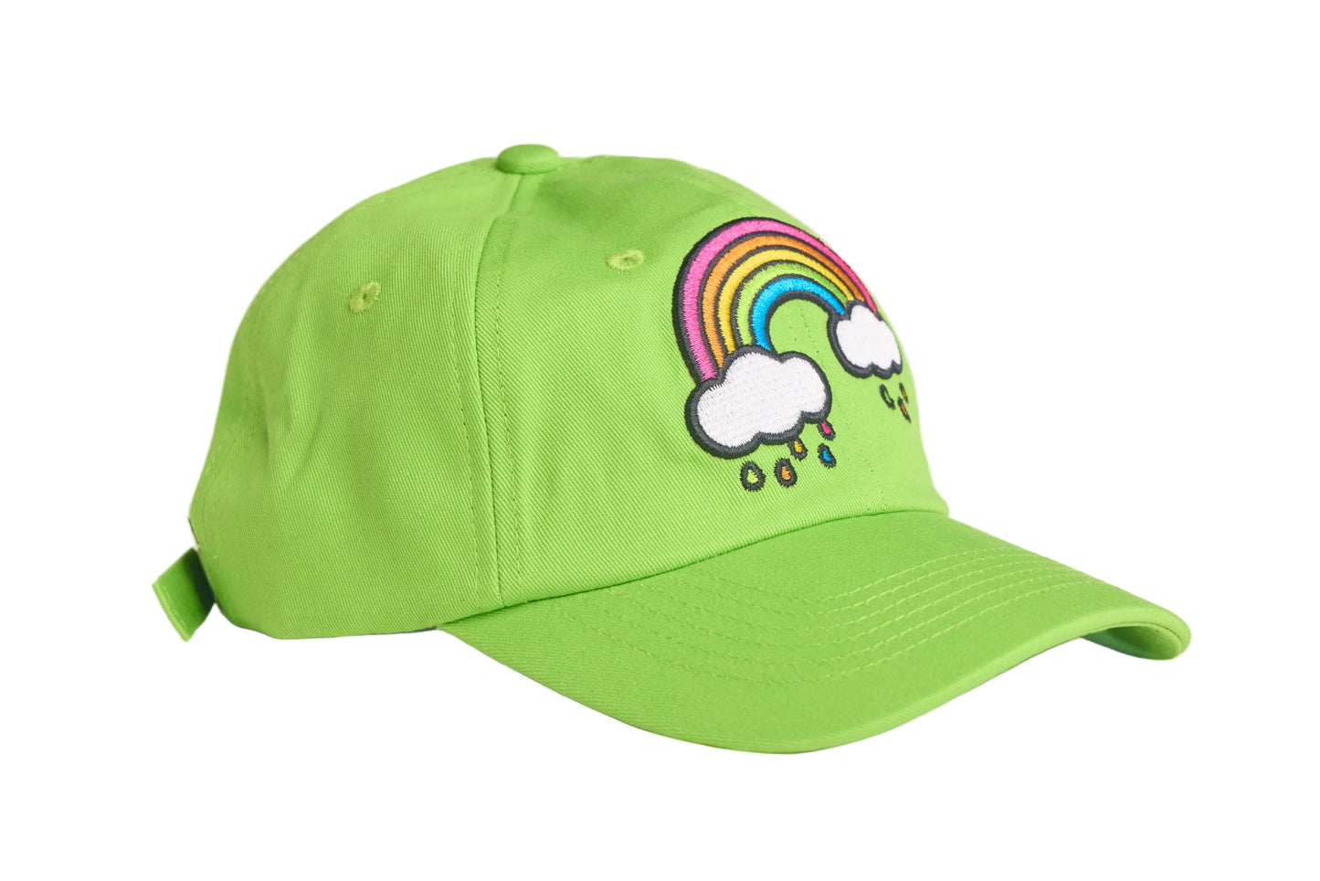Light green unstructured dad hat with embroidered rainbow rain design