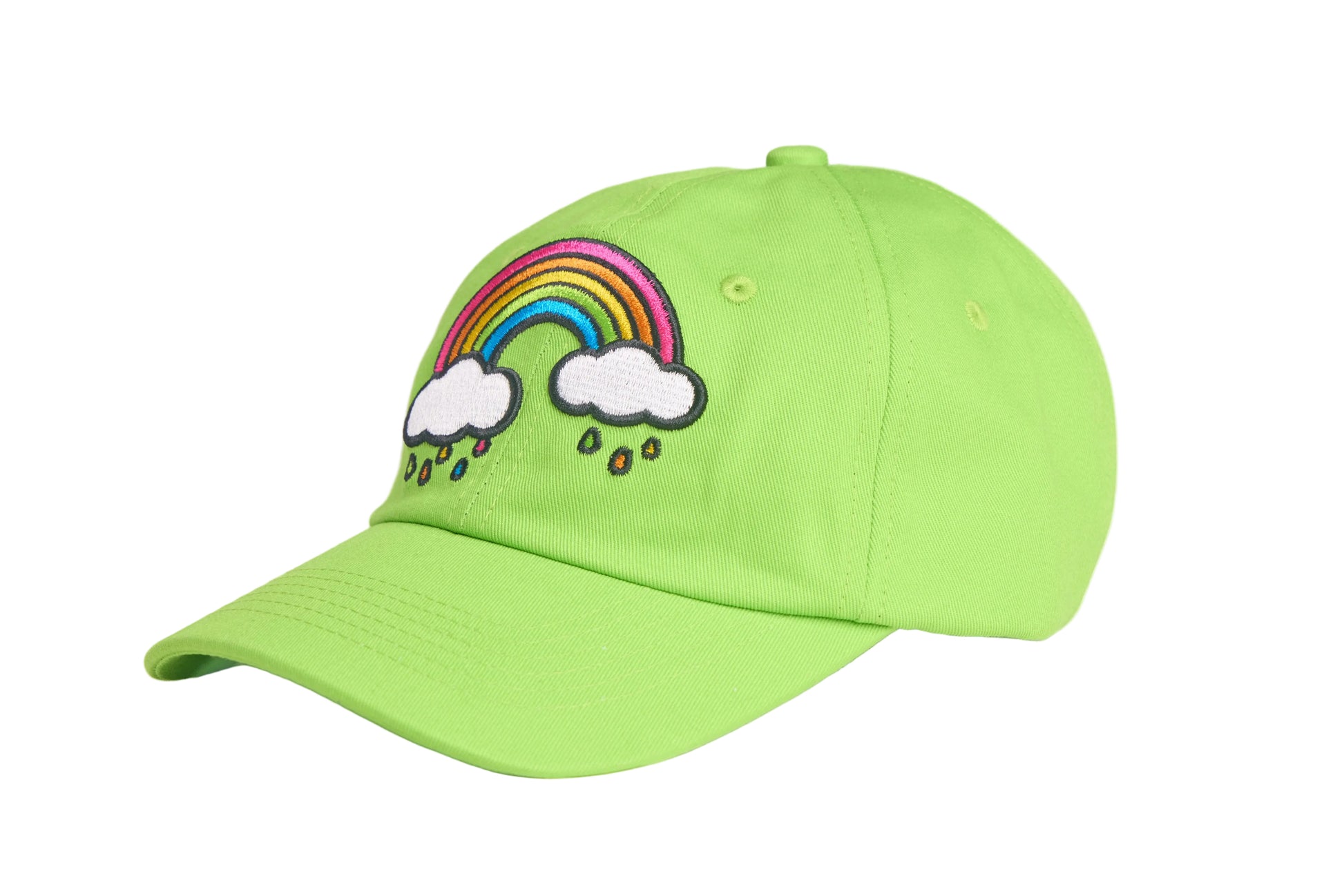 Light green unstructured dad hat with embroidered rainbow rain design