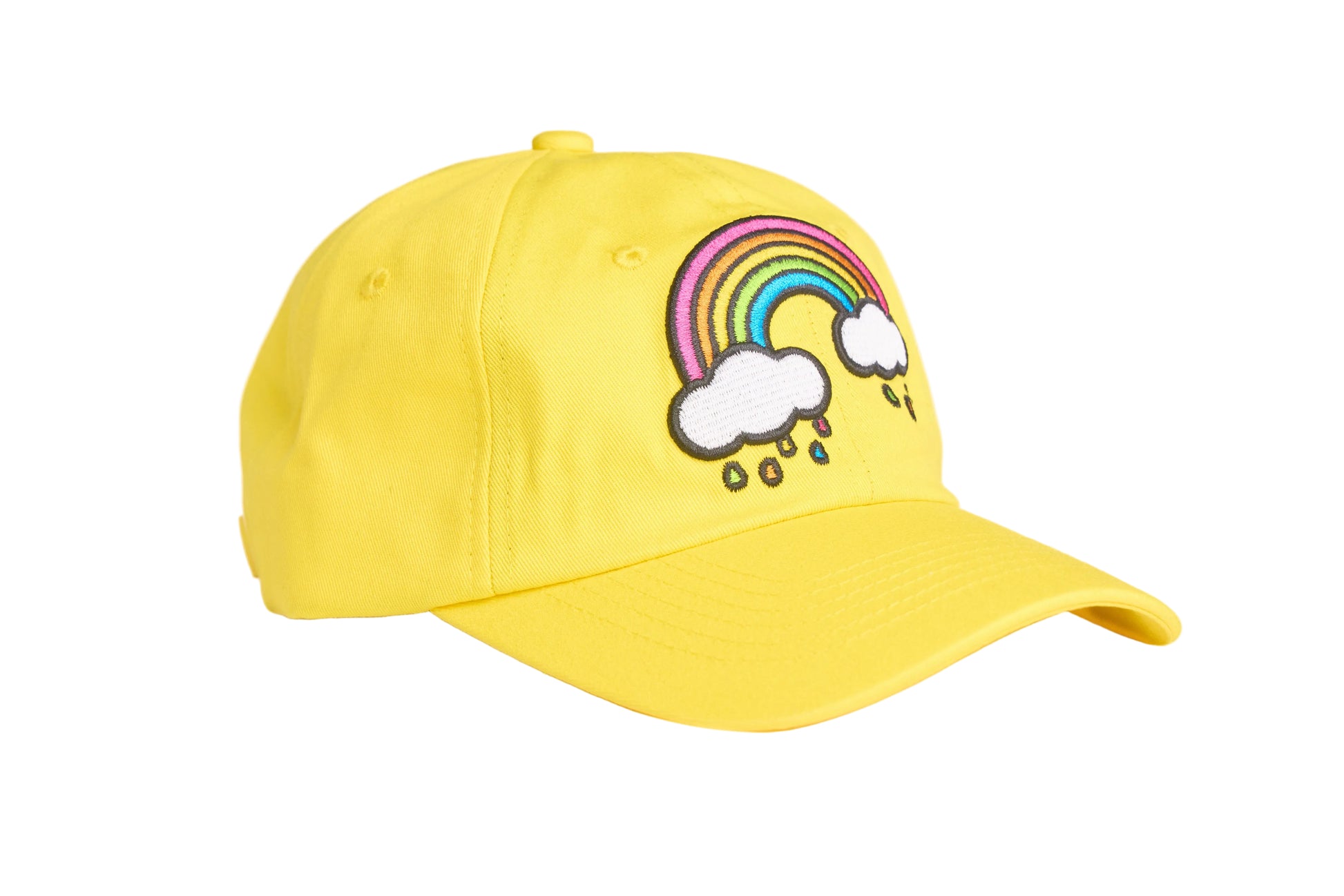 Yellow unstructured dad hat with embroidered rainbow rain design