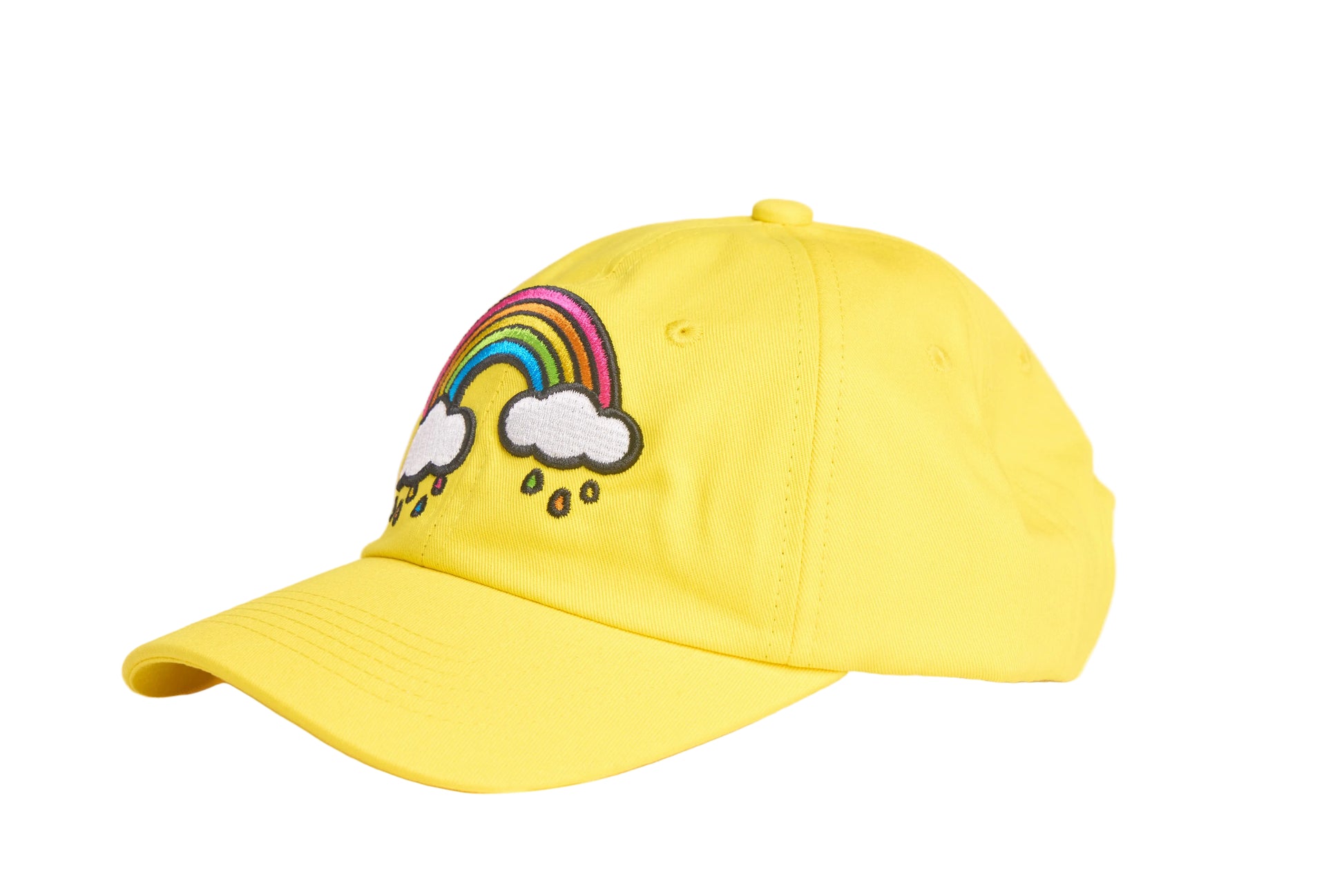 Yellow unstructured dad hat with embroidered rainbow rain design