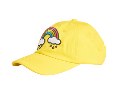 Yellow unstructured dad hat with embroidered rainbow rain design