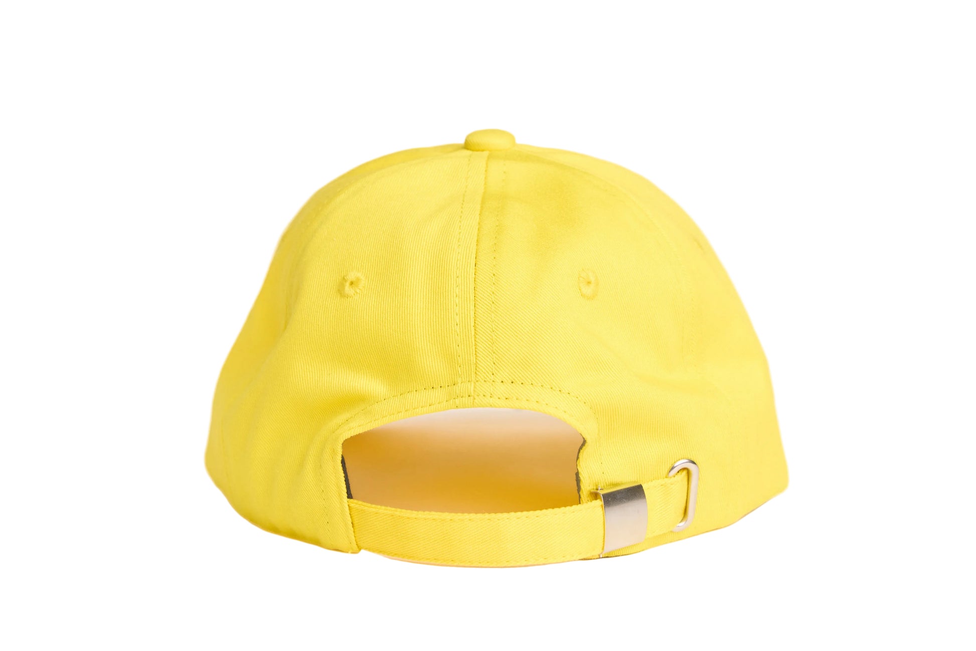 Yellow unstructured dad hat with embroidered rainbow rain design