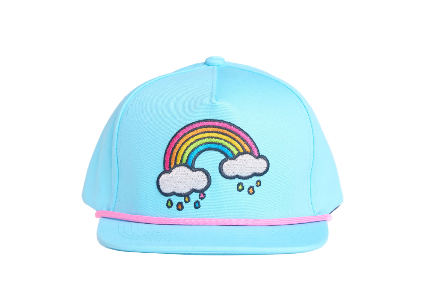Baby blue flat bill hat with an emroidered rainbow cloud raindrops design