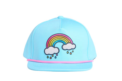 Baby blue flat bill hat with an emroidered rainbow cloud raindrops design