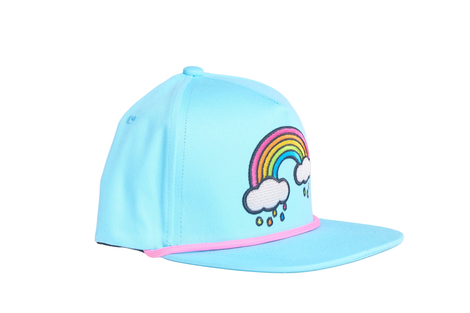 Baby blue flat bill hat with an emroidered rainbow cloud raindrops design