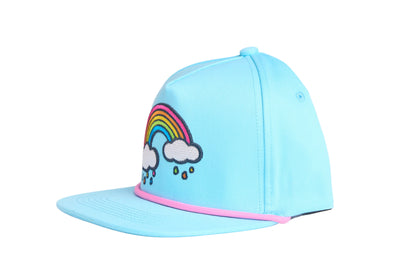 Baby blue flat bill hat with an emroidered rainbow cloud raindrops design