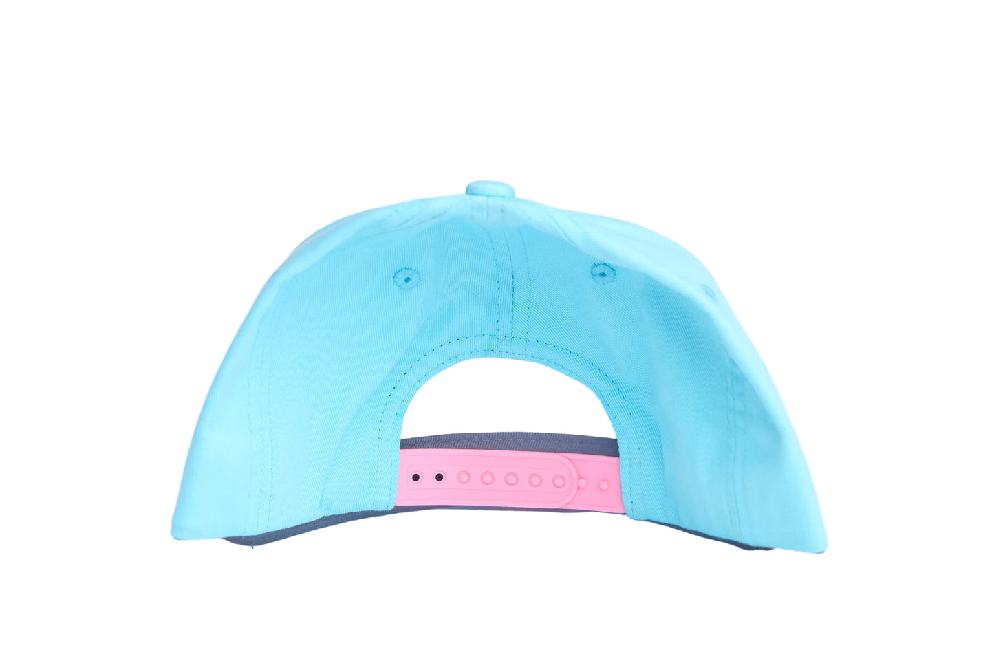 Baby blue flat bill hat with an emroidered rainbow cloud raindrops design
