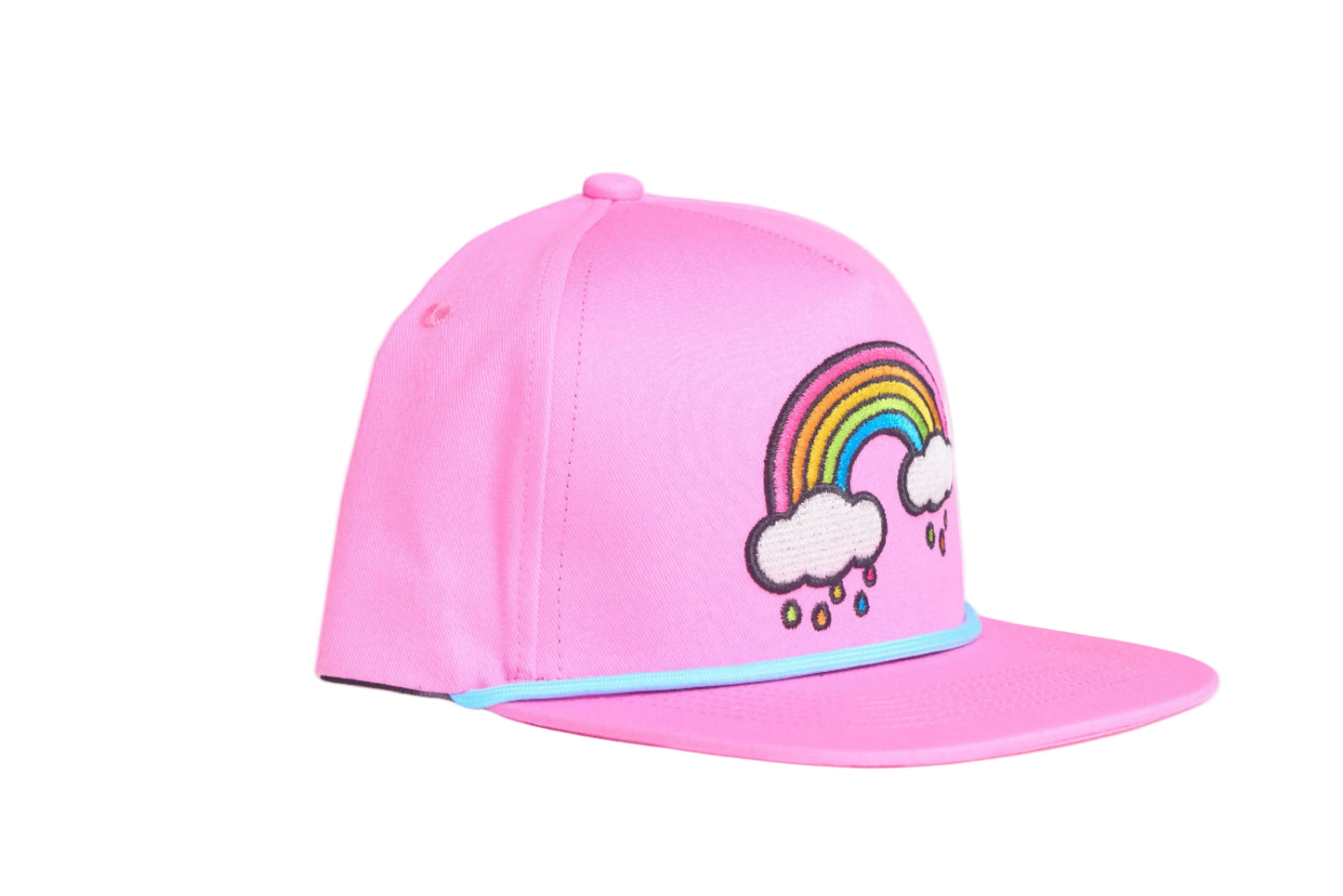 Light pink flat bill hat with an emroidered rainbow cloud raindrops design