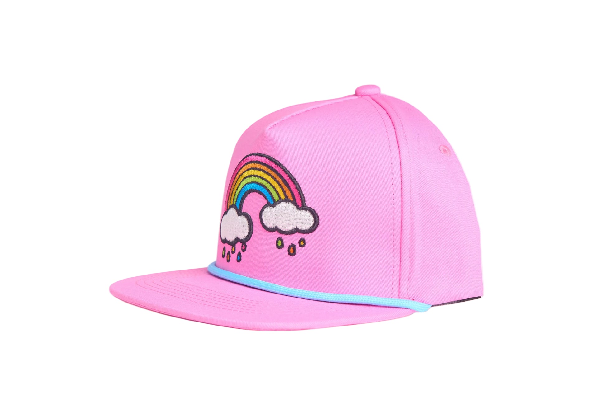 Light pink flat bill hat with an emroidered rainbow cloud raindrops design