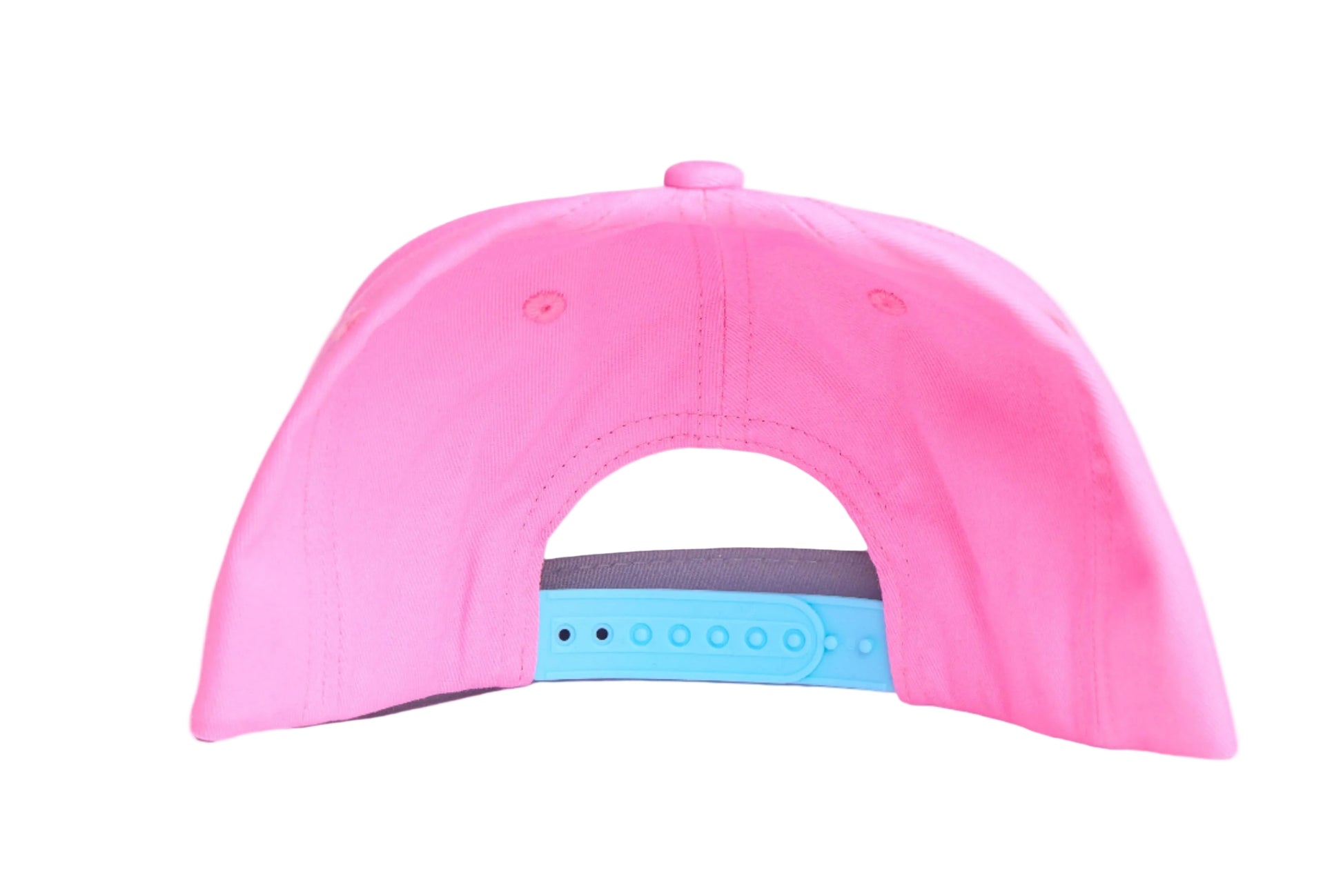 Light pink flat bill hat with an emroidered rainbow cloud raindrops design