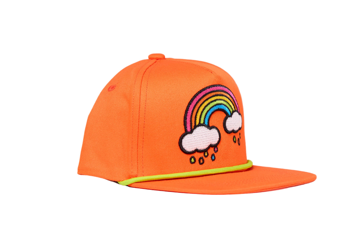 Orange flat bill hat with an emroidered rainbow cloud raindrops design