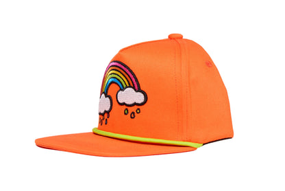 Orange flat bill hat with an emroidered rainbow cloud raindrops design