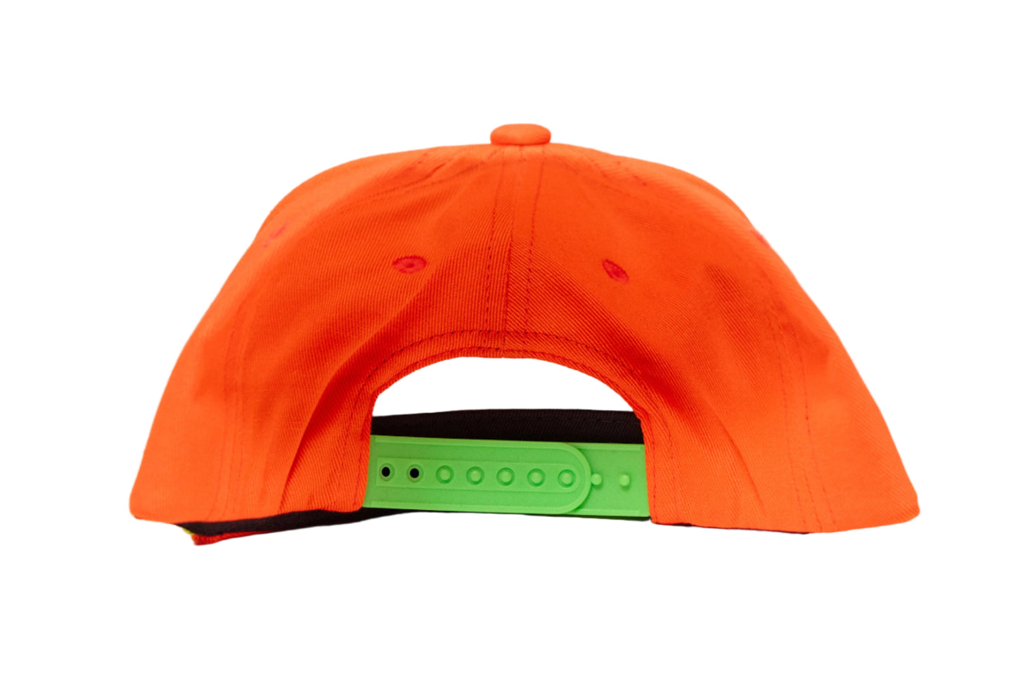 Orange flat bill hat with an emroidered rainbow cloud raindrops design