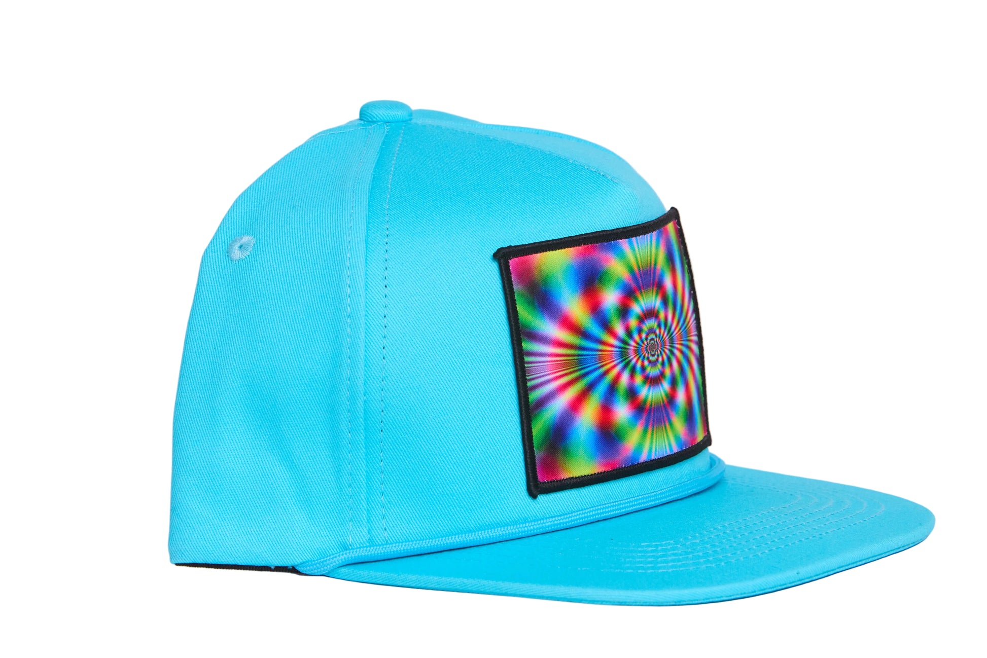 Aqua blue flat-bill hat with a wildly colorful rave-like design