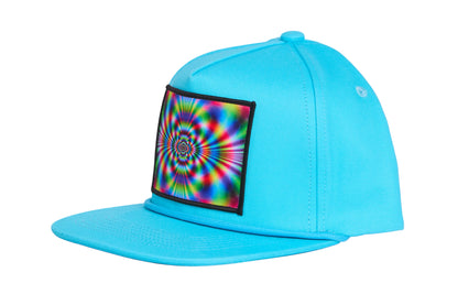 Aqua blue flat-bill hat with a wildly colorful rave-like design