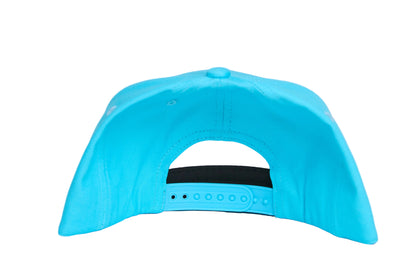 Aqua blue flat-bill hat with a wildly colorful rave-like design