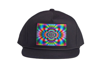 Black flat-bill hat with a wildly colorful rave-like design