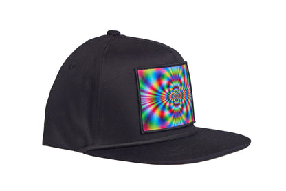 Black flat-bill hat with a wildly colorful rave-like design