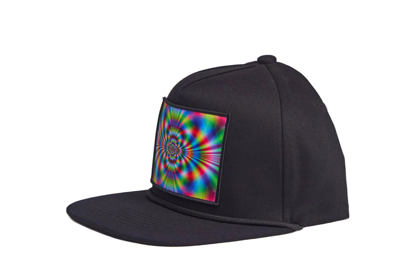 Black flat-bill hat with a wildly colorful rave-like design