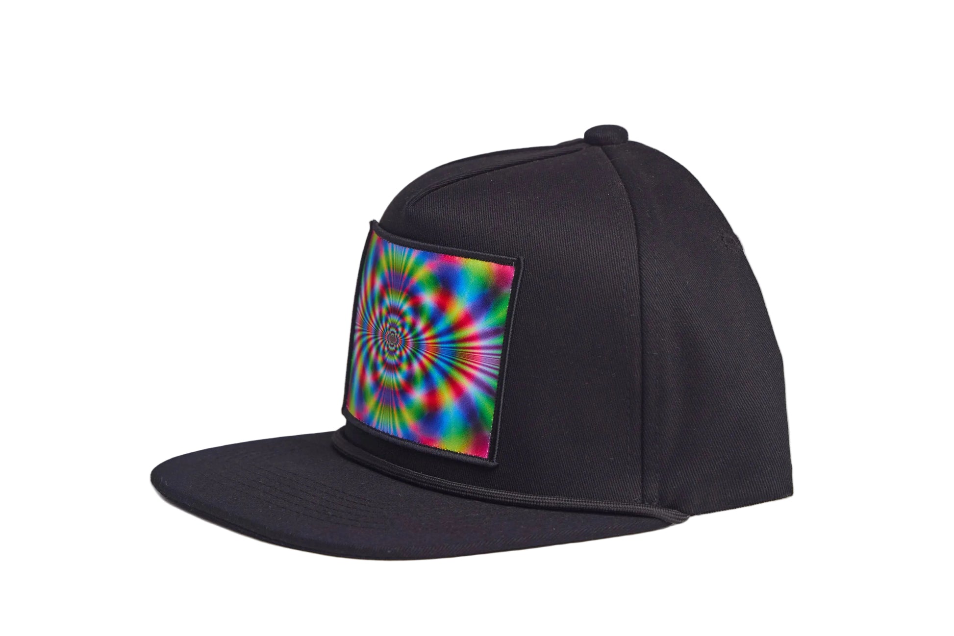 Black flat-bill hat with a wildly colorful rave-like design