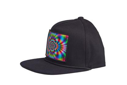 Black flat-bill hat with a wildly colorful rave-like design