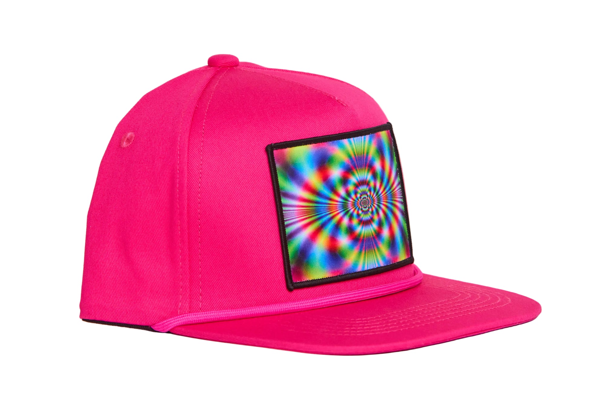 Fucshia flat-bill hat with a wildly colorful rave-like design