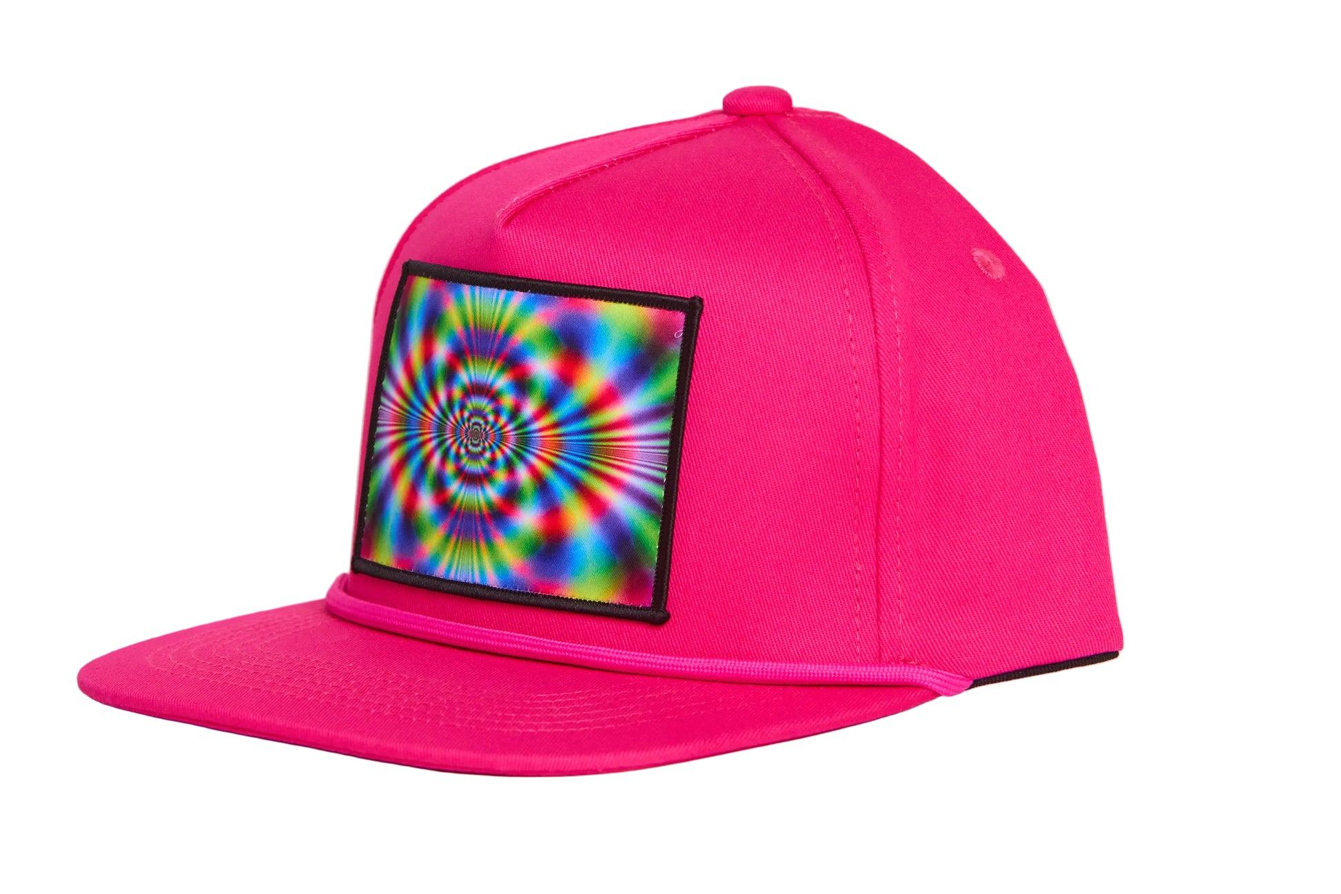 Fucshia flat-bill hat with a wildly colorful rave-like design