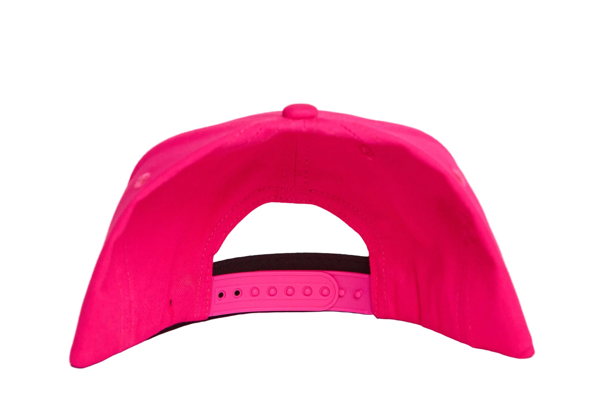 Fucshia flat-bill hat with a wildly colorful rave-like design