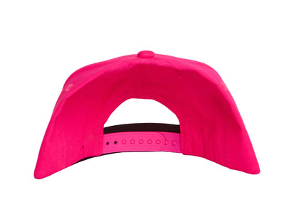 Fucshia flat-bill hat with a wildly colorful rave-like design