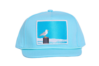 Turquioise ball cap with a light blue embroidered patch featuring a seagull design
