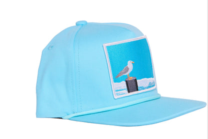 Turquioise ball cap with a light blue embroidered patch featuring a seagull design
