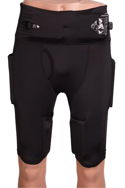 A pair of black compression no-zipper shorts with discreet storage pockets, designed for men.