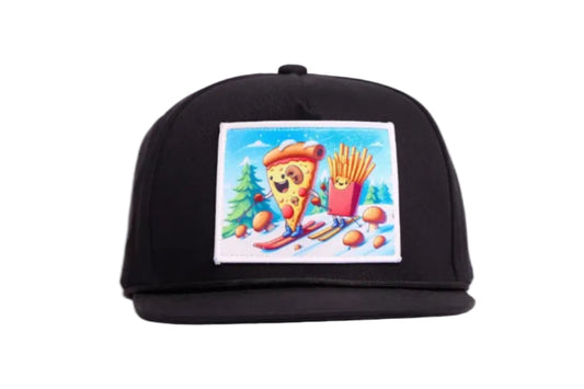Black flat bill hat featuring an image of a pizza and french fries skiing down a hill