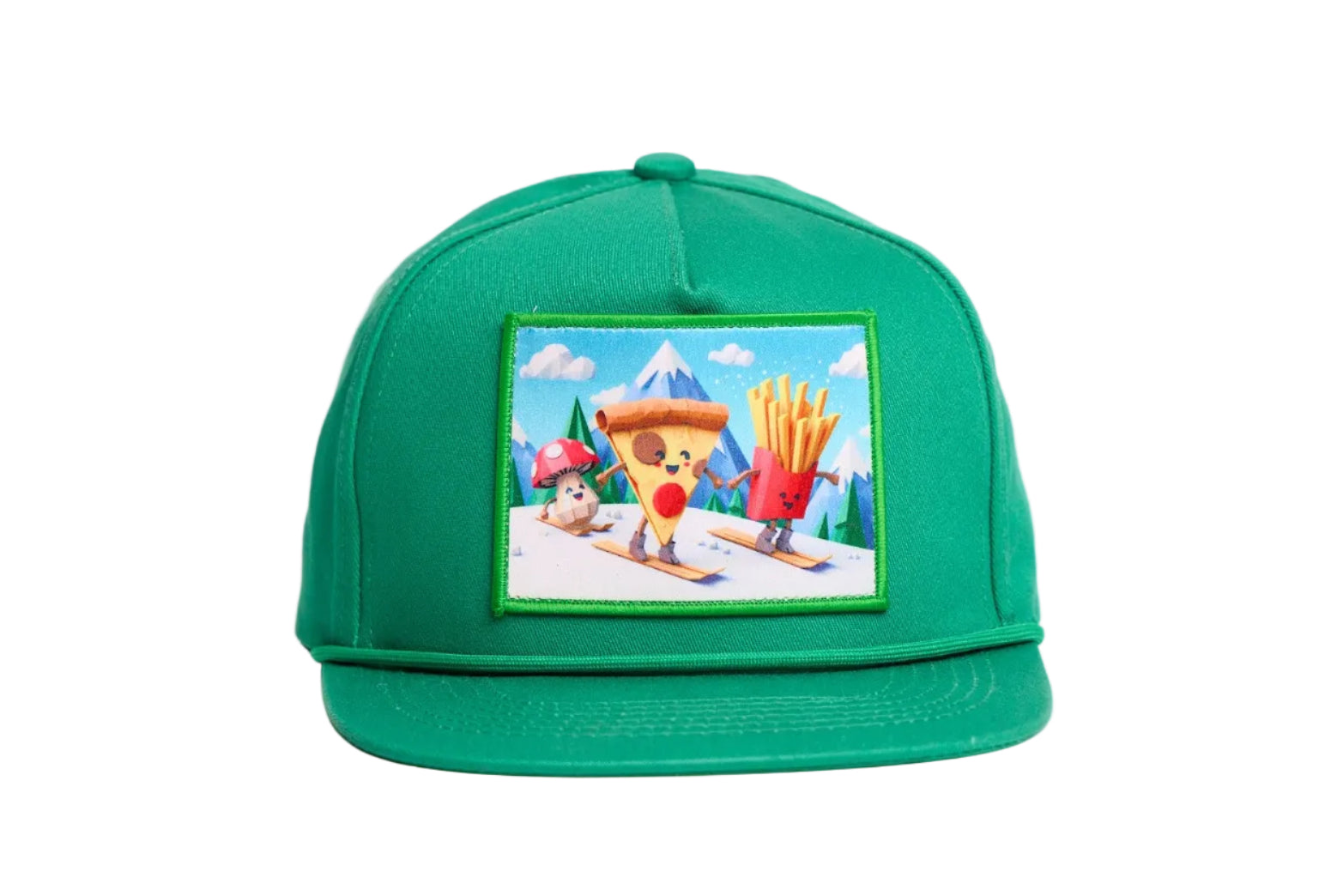 Green flat bill hat featuring an image of a pizza and french fries skiing down a hill