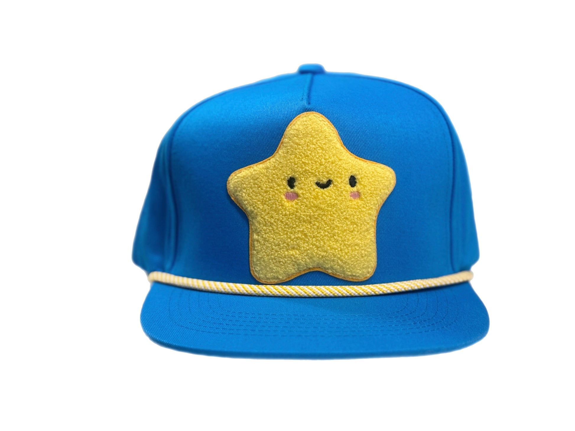 Blue cap with a yellow chenille star-shaped design