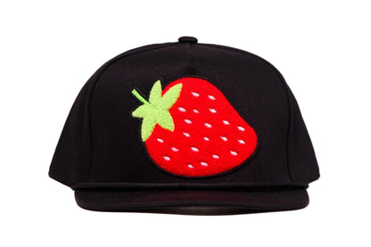 Black flat-bill hat with a strawberry chenille patch