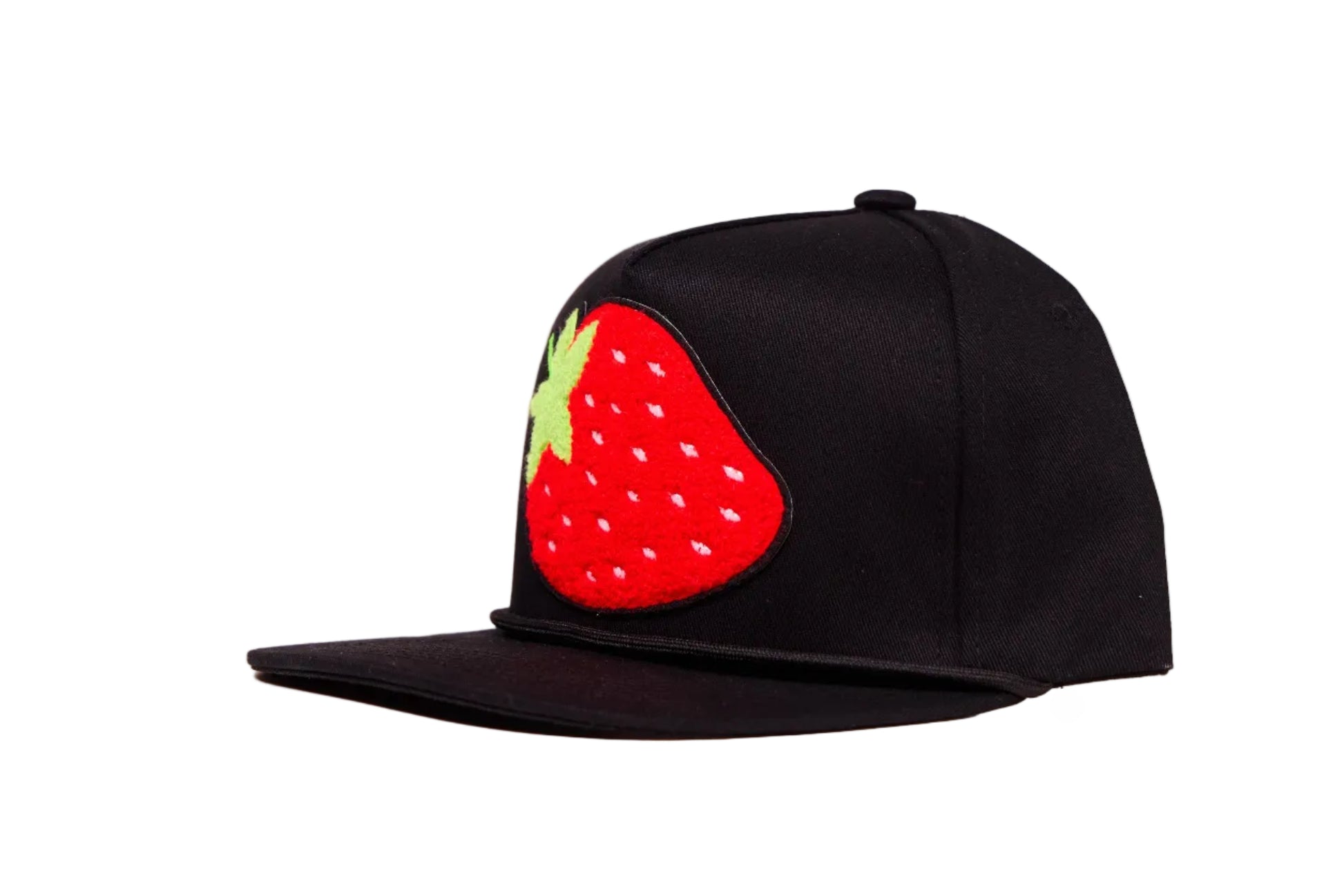 Black flat-bill hat with a strawberry chenille patch