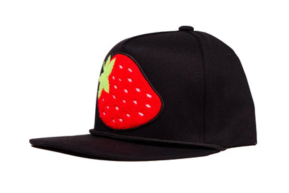 Black flat-bill hat with a strawberry chenille patch