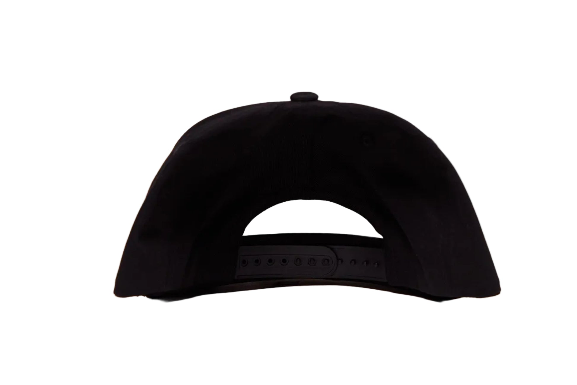 Black flat-bill hat with a strawberry chenille patch