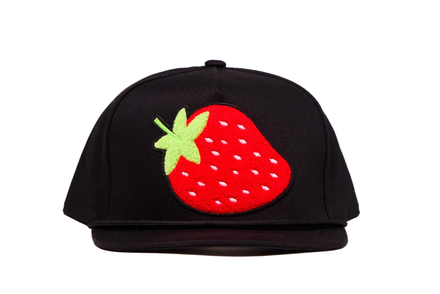 Black flat-bill hat with a chenille patch strawberry design
