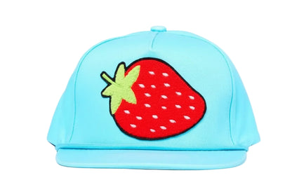 Aqua blue flat-bill hat with a strawberry chenille patch