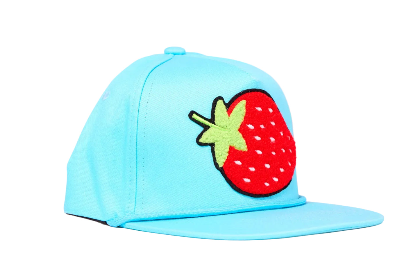Aqua blue flat-bill hat with a strawberry chenille patch
