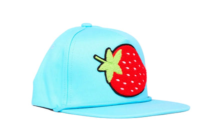 Aqua blue flat-bill hat with a strawberry chenille patch