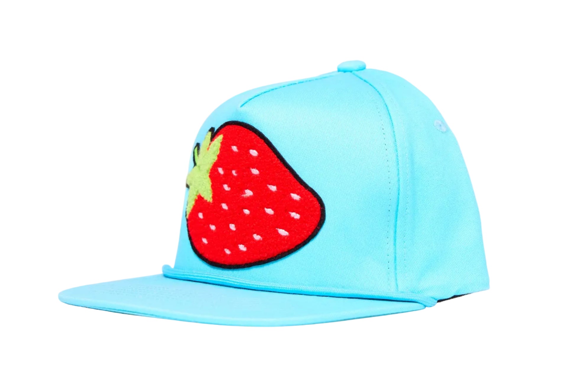 Aqua blue flat-bill hat with a strawberry chenille patch