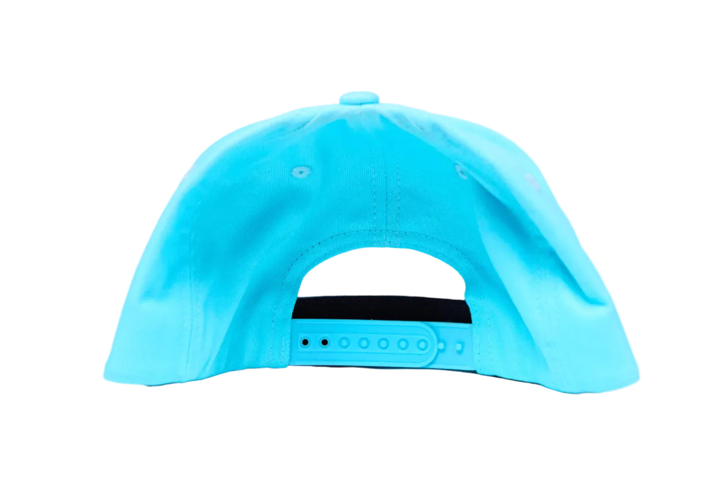 Aqua blue flat-bill hat with a strawberry chenille patch