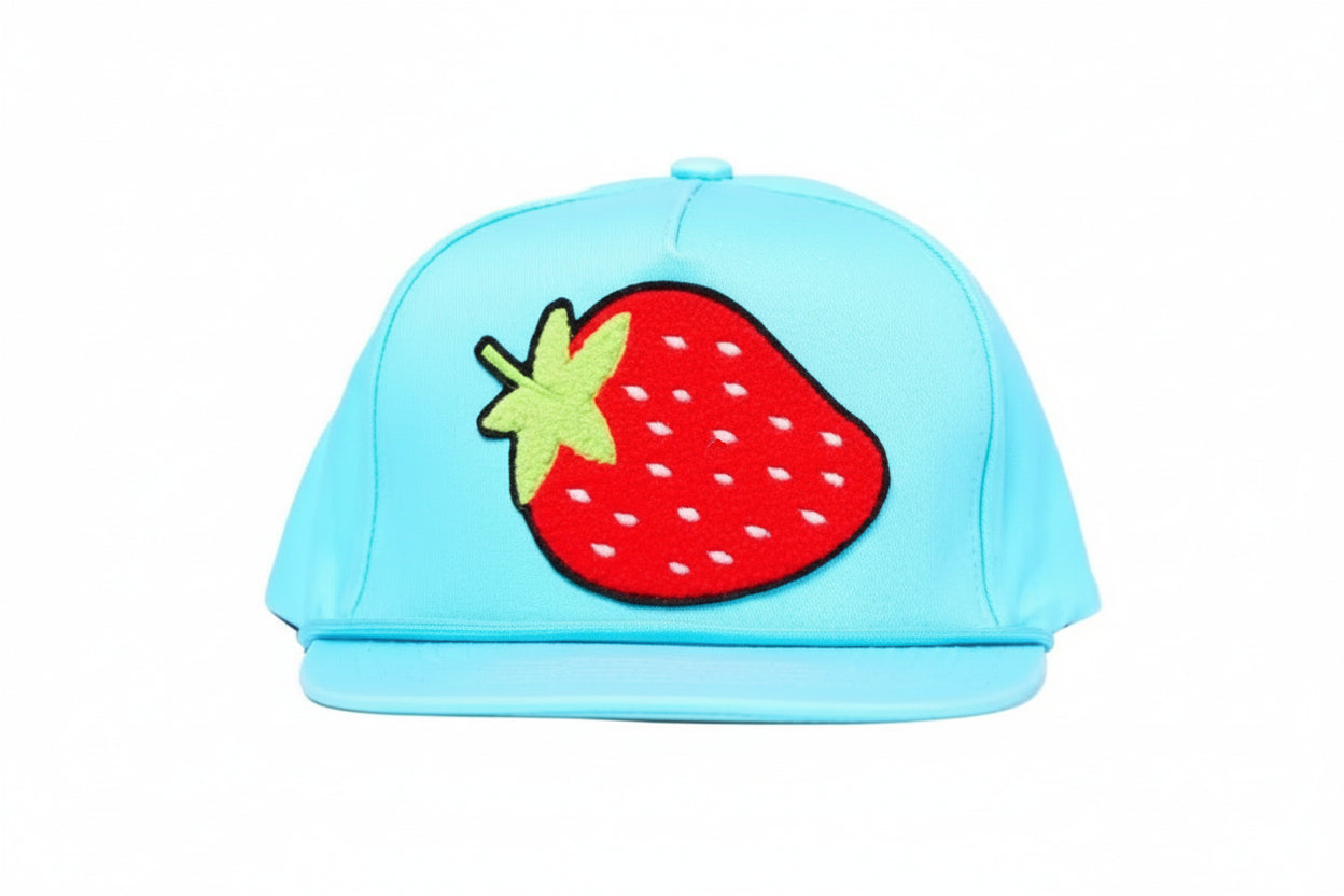 Aqua flat-bill hat with a chenille patch strawberry design