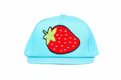 Aqua flat-bill hat with a chenille patch strawberry design
