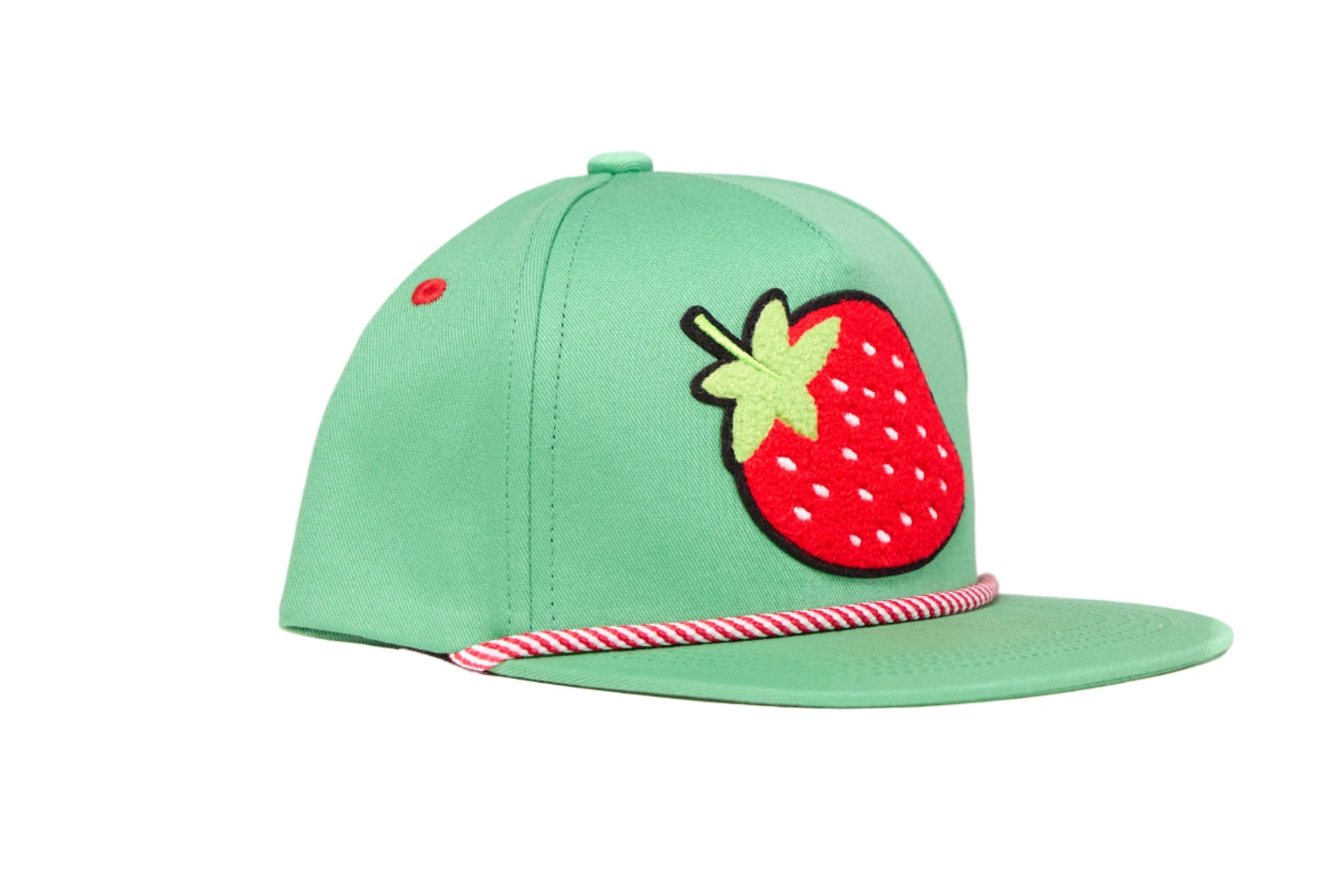 Green youth-sized hat with a strawberry chenille patch