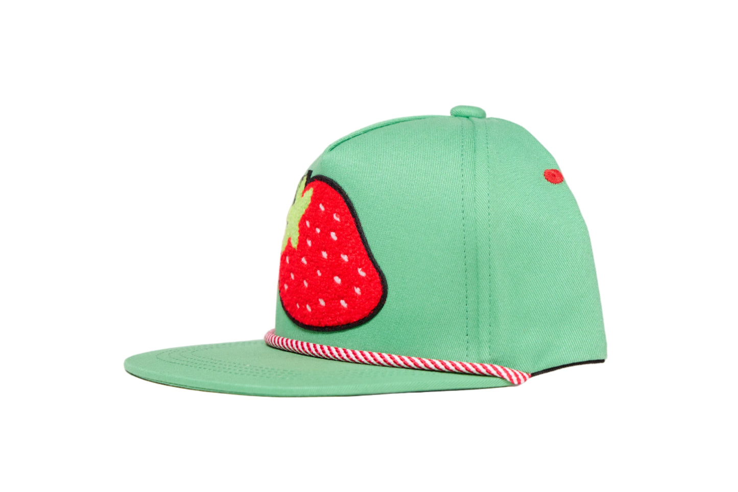 Green youth-sized hat with a strawberry chenille patch