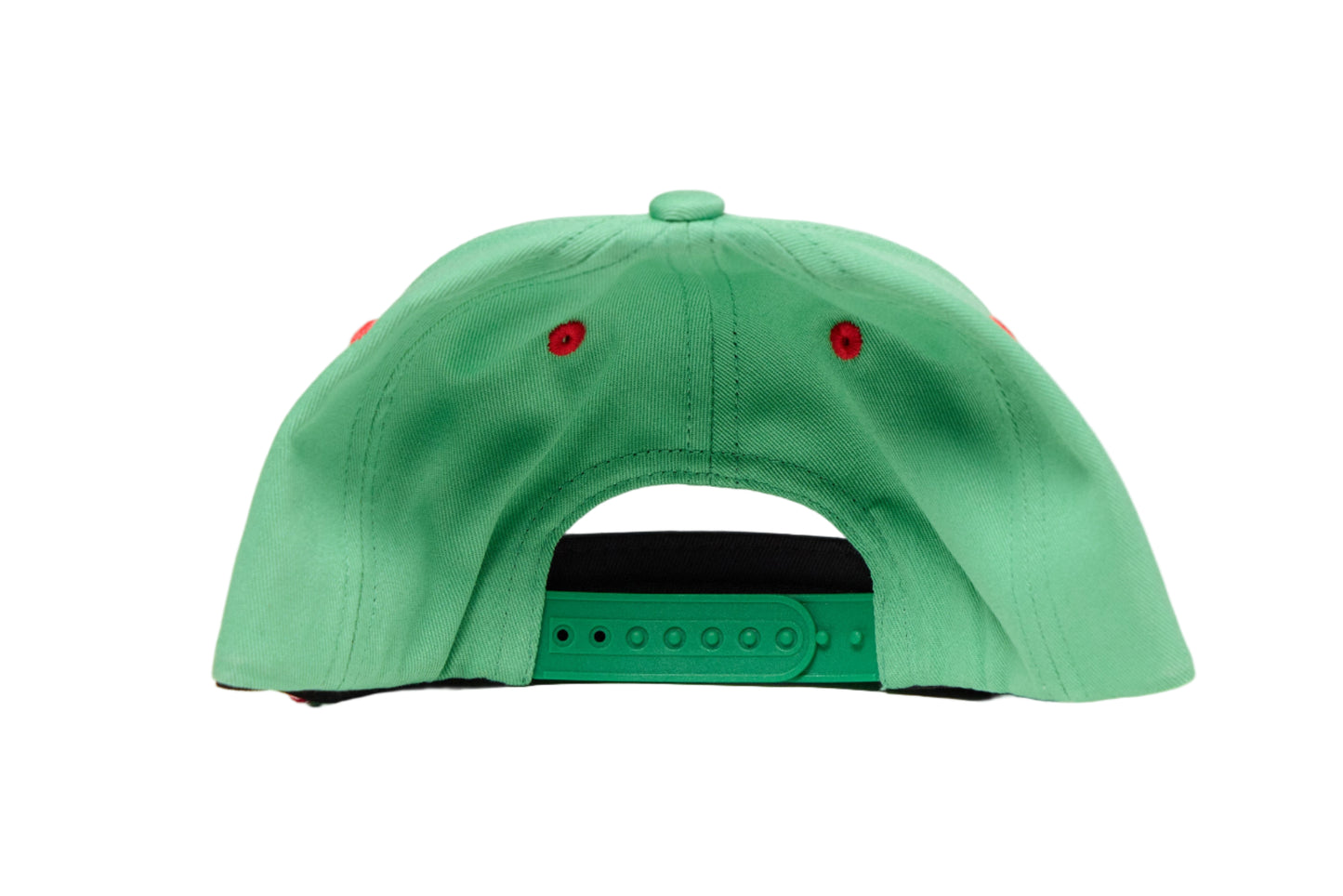 Green youth-sized hat with a strawberry chenille patch